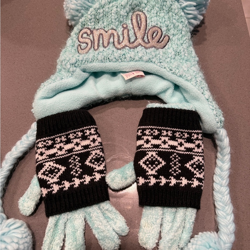 Justice kids Blue and Black Winter Hat and Gloves Set